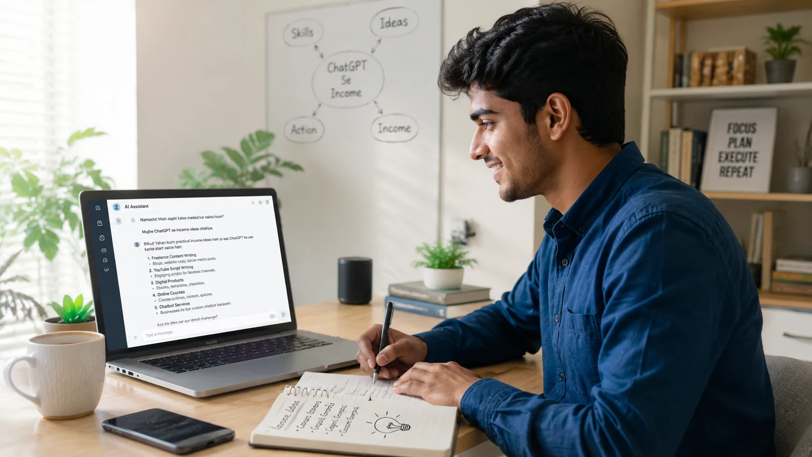Professional working with AI income ideas in a real-life workspace