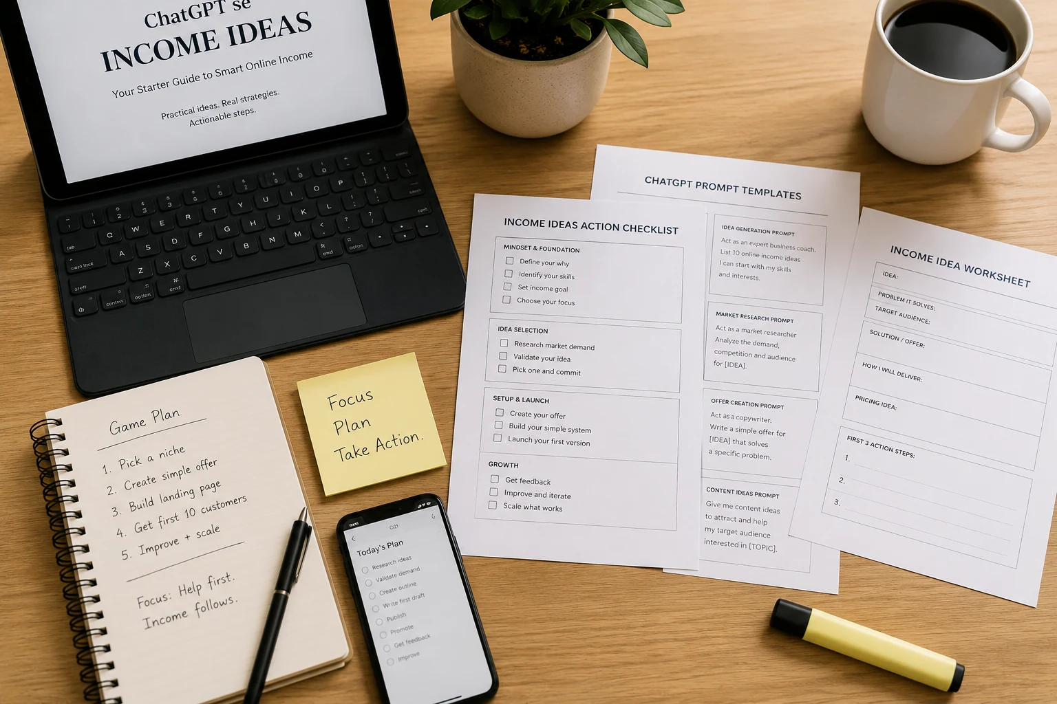 Real-life toolkit desk for ChatGPT income planning